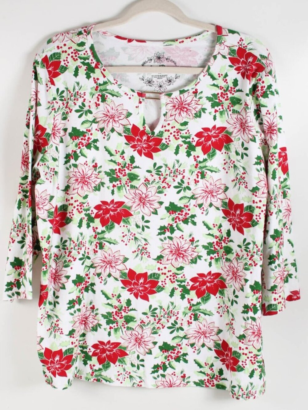 Coral Bay XL Christmas Poinsettia Floral 3/4 Sleeve Keyhole Top